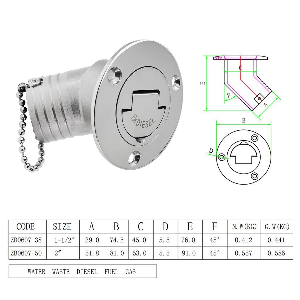 ZMFJH 316 Stainless Steel Deck Filler Key Cap Marine Boat Yacht 45 Degree Deck Filler Caps GAS DIESEL FUEL WASTE WATER 38mm 50mm