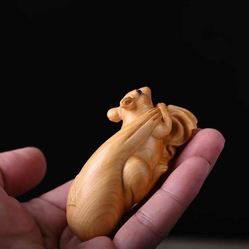 Wood Carving Zodiac Rat Attracting Wealth Sculptures Figurines Cute Small Animals Home Room Office Wealth Luck Decor