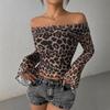 Spring and Autumn Sexy Leopard Print One-word Collar Women's Thin Long-sleeved T-shirt, Fashionable Sweet and Spicy Women's Long-sleeved Pullover
