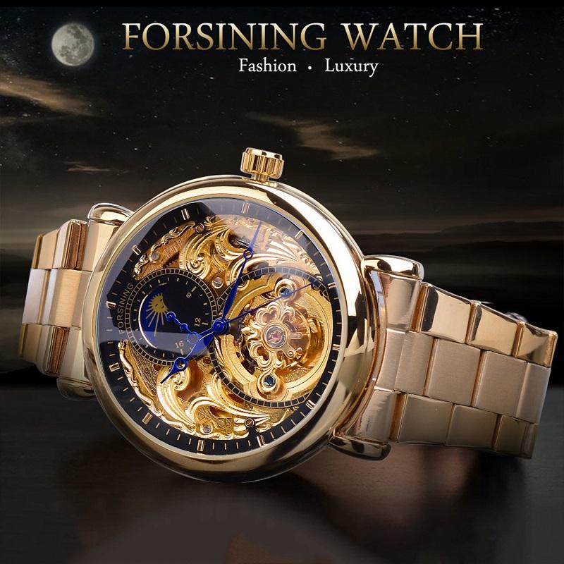 Forsining Мужская мода, отдых, полая луна и механические часы с полой поверхностью