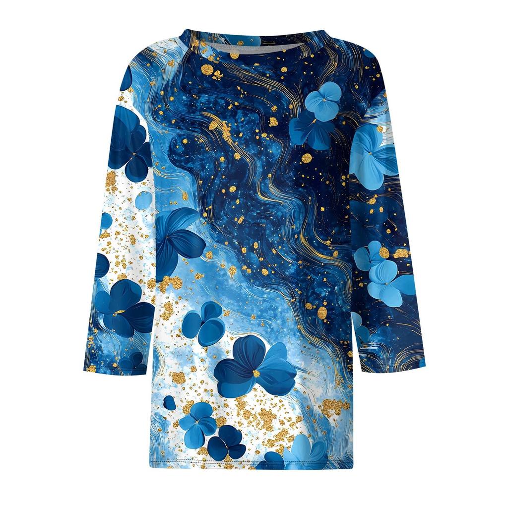 Женская футболка с принтом, рукав 3/4, повседневная, модная, на выходные, базовая, с круглым вырезом, стандартный топ