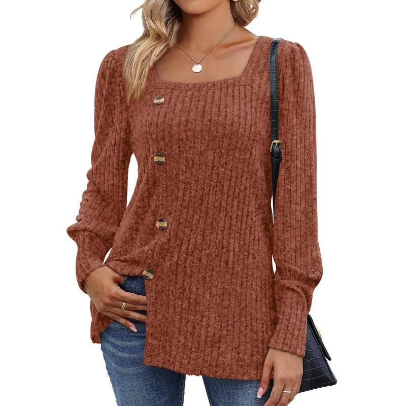 Autumn and Winter Women's Blouse Knitwear with Buckle Square Neck Solid Color Long Sleeve Tops
