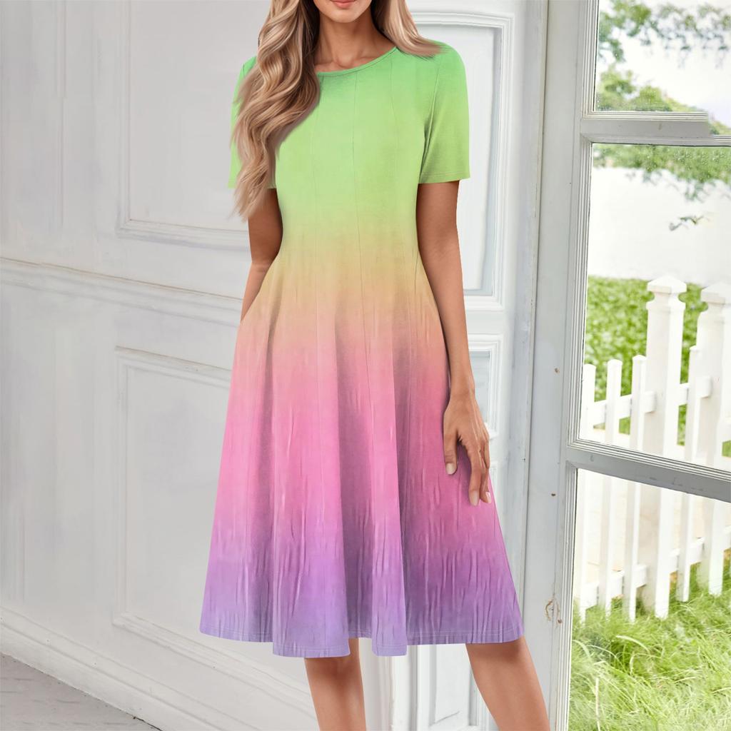 Ladies Casual Fashion Round Neck Short Sleeve Mid-Length Gradient Dress