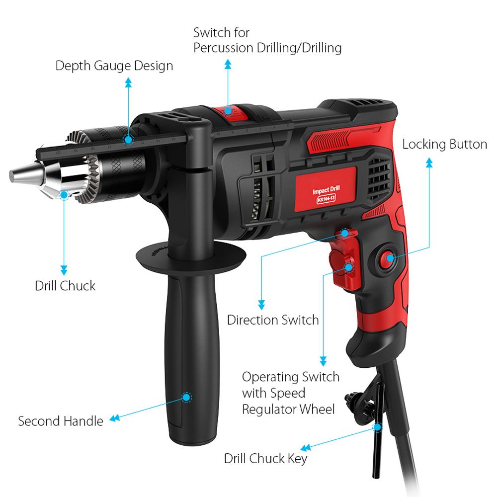 Hammer Drill Impact Drill 850W 3000 RPM Hand Electric Drill with 360 Degrees Rotating Handle Hammer and
