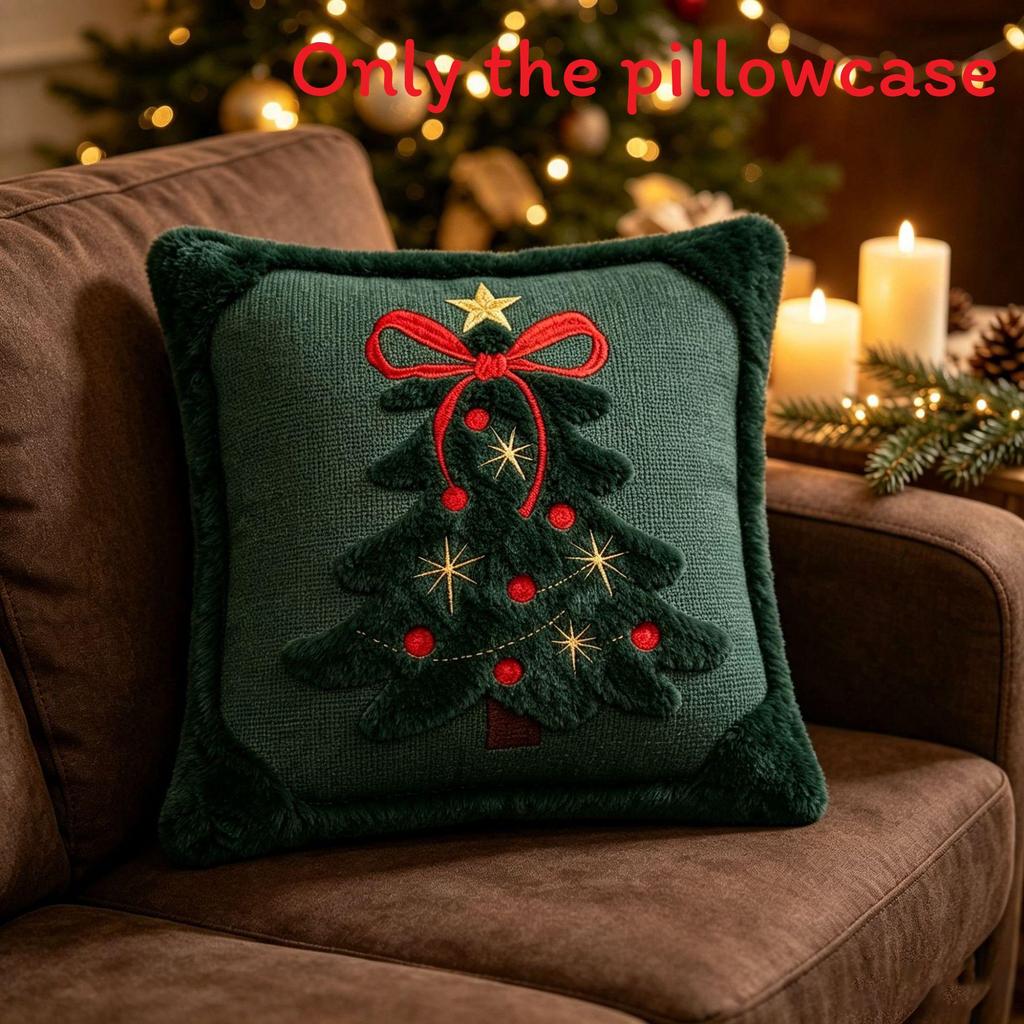 Christmas Tree Embroidered Pillow Cover With Bow Design For Home Decor