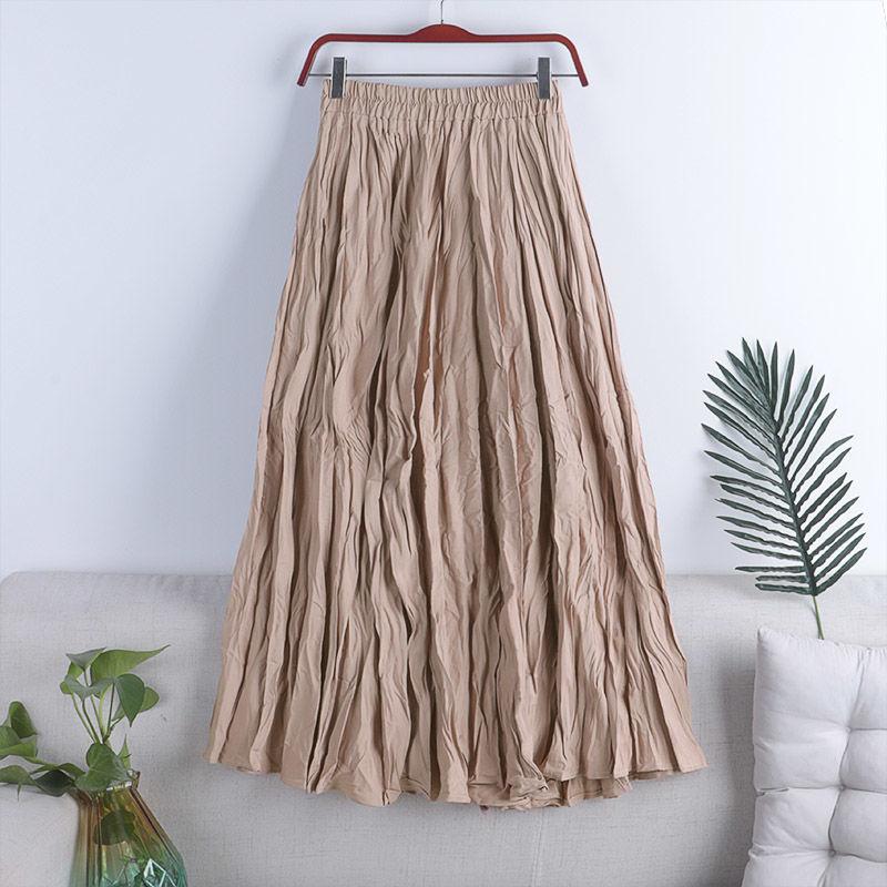 MOJTA Women's Mid-length Skirt Spring Summer Elastic High Pleated Waist Skirt A-line Skirt