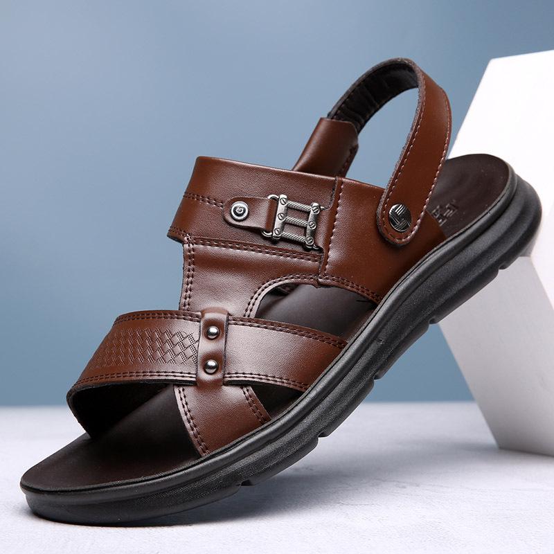 Sandals Men's 2025 New Leather Casual Platform Beach Shoes Men's Summer Wear Dad Dual-purpose Cool Slippers Men