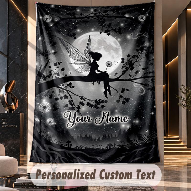 Fairy Moonlit Night Fantasy Theme Wall Tapestry Customized With Name Text Personalized Hanging Tapestry For Bedroom Living Room Decor
