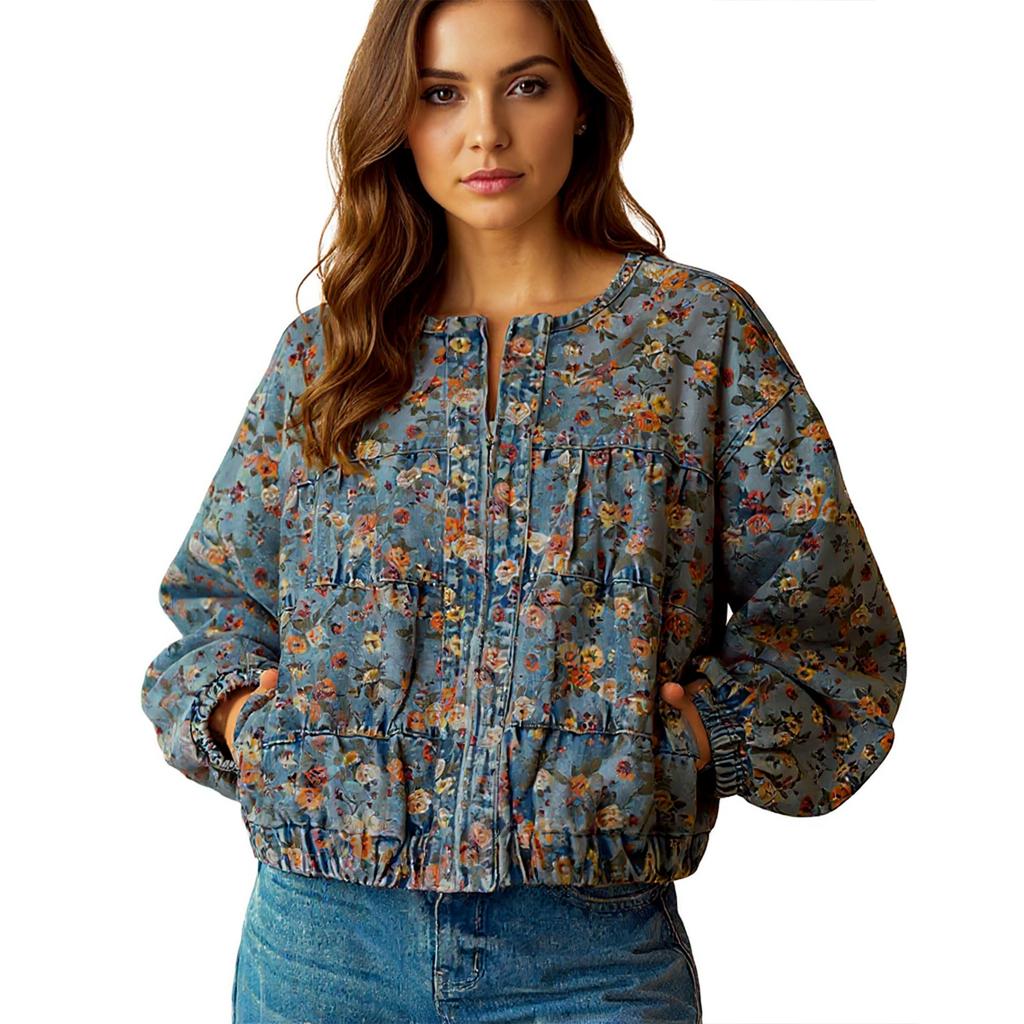 Printed Denim Jacket Loose Long Sleeved Retro Floral Batfly Sleeve Washed Denim Jacket For Women