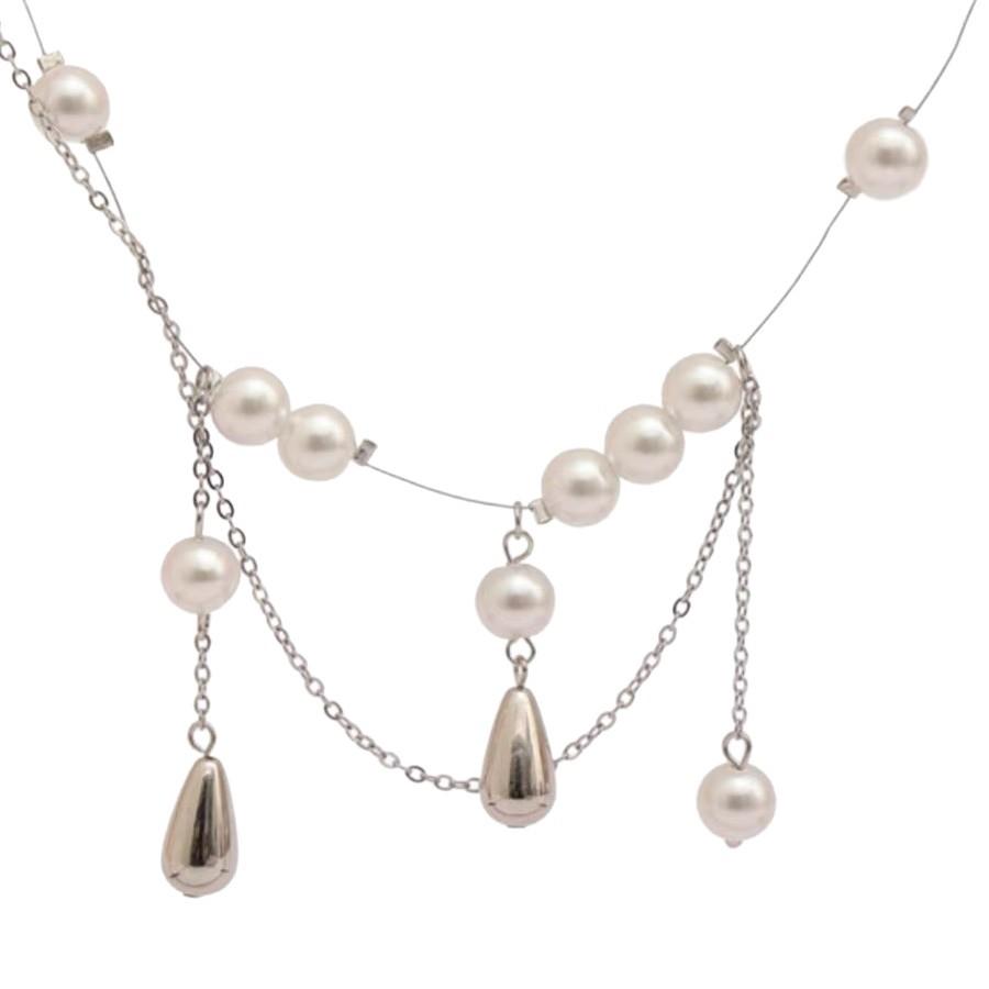 Double Layer Water Drop Pearl Tassel Necklace Niche Light Luxury French High-End Elegant Women Versatile Collarbone Chain Jewelry