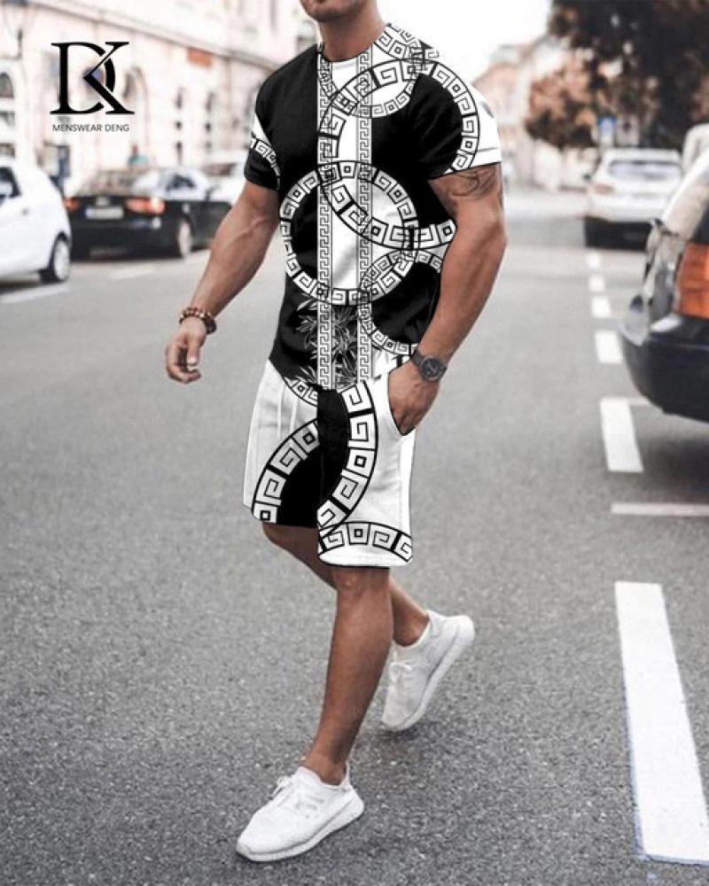 Летний мужской комплект футболок, черно-белый сетчатый 3D-принт, одежда большого размера, трендовый мужской спортивный костюм, футболка для фитнеса, шорты, комплект одежды