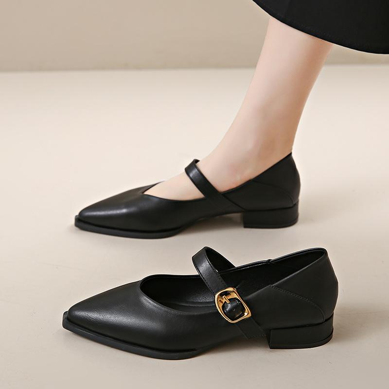 Модные французские туфли Мэри Джейн с острым носком, женские кожаные туфли на низком каблуке, новинка 2024 года, туфли-лодочки с мягкой подошвой, женские сандалии на высоком каблуке