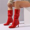 FOREADA Women Patent Leather Mid Calf Boots Round Toe Thin High Heels Pleated Concise Ladies Fashion Shoes Winter Black Red 43