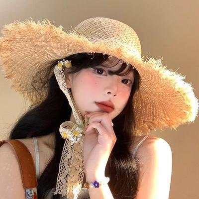 French Streamer Lafite Straw Hat Women's Summer Seaside Beach Vacation Sun Hat Large Brim Straw Shading Sun Protection Hat