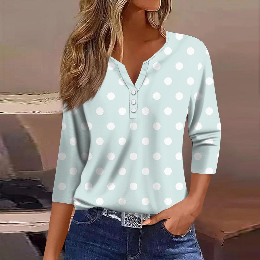 Жен. Футболка Футболка С принтом Пуговицы Рукав 3/4 Повседневные Выходные Мода Классический Классический V-образный вырез Обычный Верх