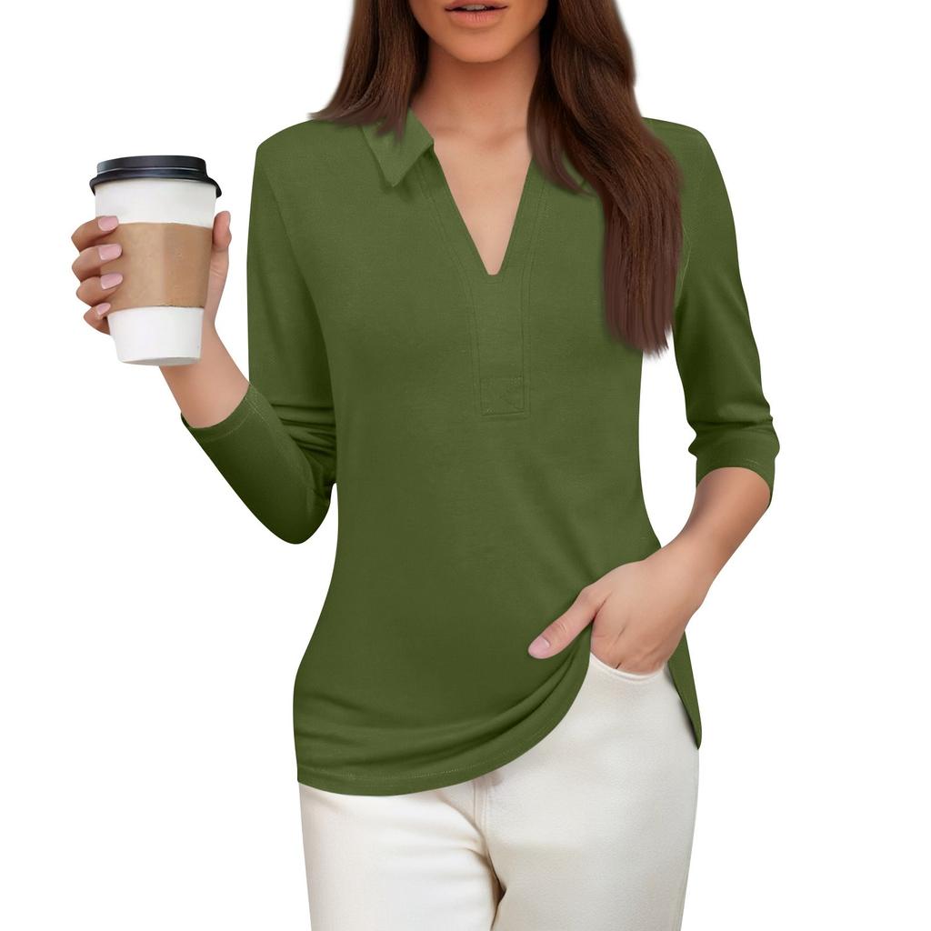 Women's Fashion Casual Lapel Short 3/4 Sleeve Solid Color Shirt Women's V-Neck Tops