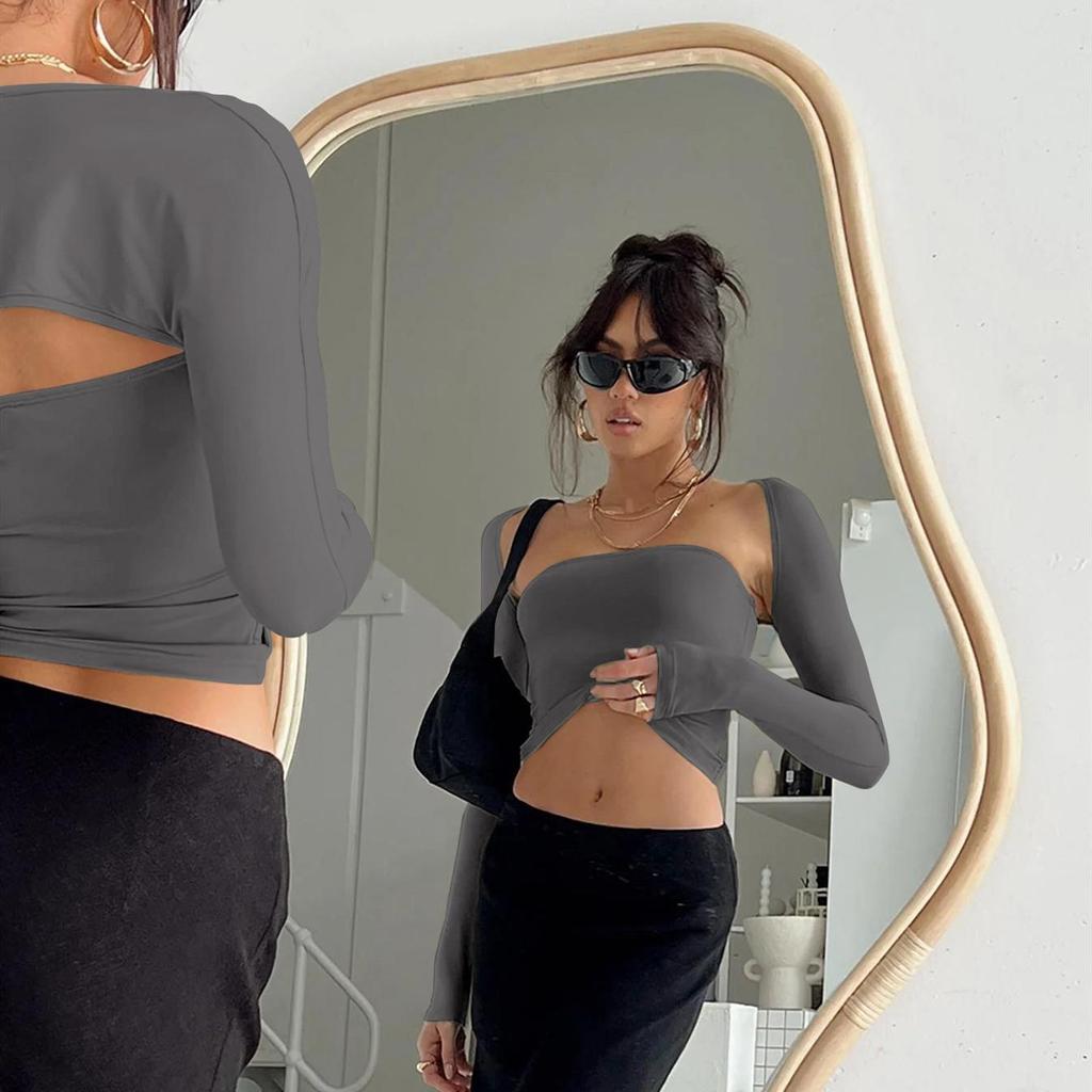 Женские летние топы без рукавов, уличная одежда, тонкие облегающие футболки с длинными рукавами из двух предметов, укороченные топы, однотонные