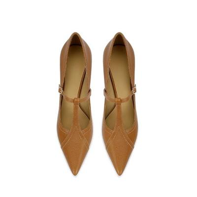 Мода 2025 Новые Туфли-лодочки из натуральной кожи для офисных леди с острым носком, Т-образным ремешком и тонким высоким каблуком, Мэри Джейн, Кожаная обувь для женщин, Платье