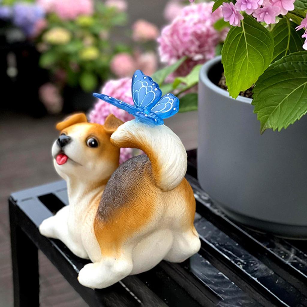 Garden Statue Outdoor Decoration Dog Rabbit with Solar Butterfly Light for Patio Yard Ornaments Resin Animal Figurine