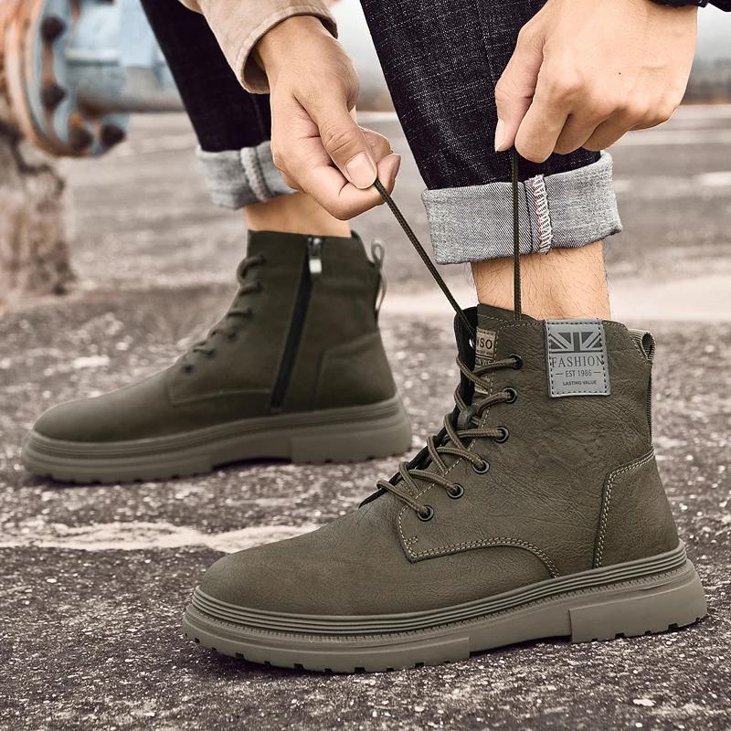 Натуральная кожа мужские зимние теплые ботинки из оленя мужские плюшевые зимние ботинки большие размеры ботильоны для отдыха на природе повседневная рабочая обувь с высоким верхом