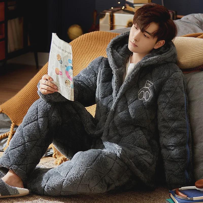 Men's Winter Hooded Quilted Pajama Set: Thick, Plush, Large Size Flannel Jacket