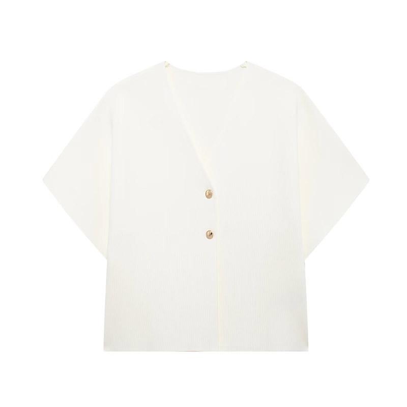 Повседневный однотонный трикотажный топ для женщин с коротким рукавом и V-образным вырезом на двух пуговицах, тонкий элегантный жилет для лета и осени для женщин, белый универсальный трикотаж