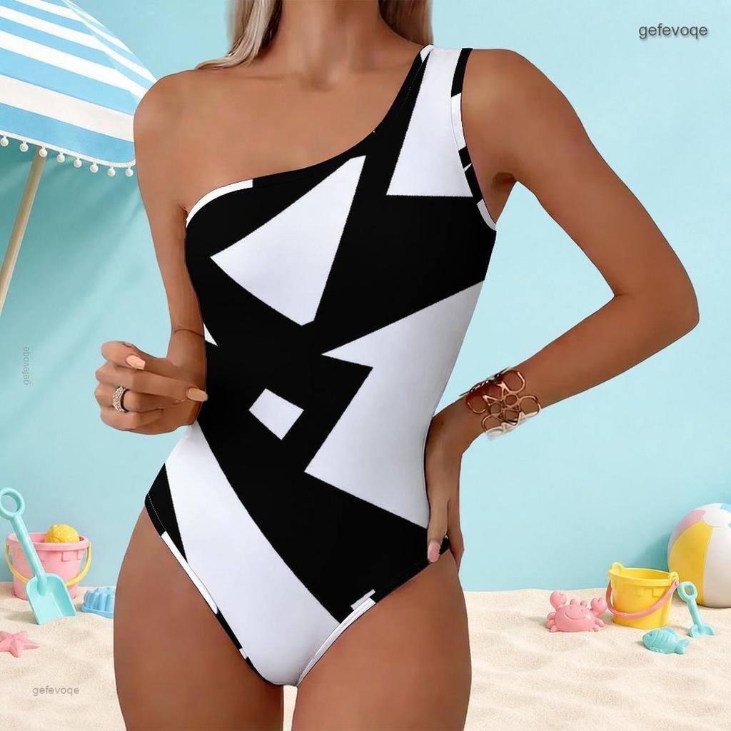 Women Plus Size One Shoulder One Piece Swimsuit Asymmetric Neck Black White Print
