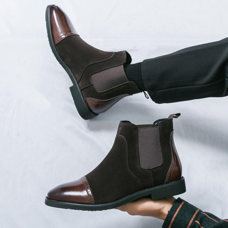 Мода Зима Новые Мужские Заостренные Комбинированные Лоскутные Слипоны Ботильоны Британский Дизайнер Botas Тренд Повседневные Хайтопы Обувь Zapatos Hombre