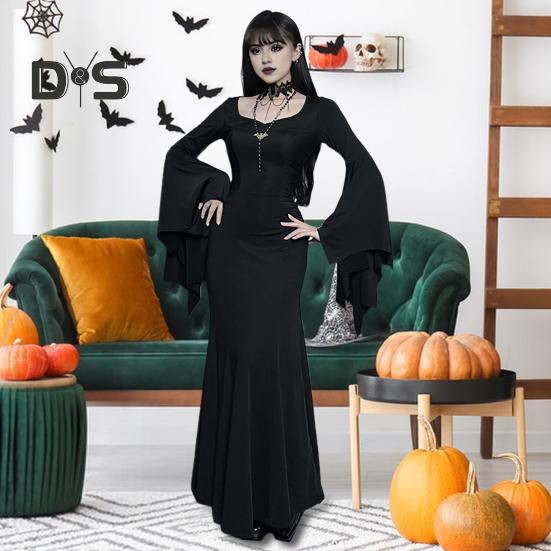 Женское платье на Хэллоуин с подолом «рыбий хвост» Slim Fit Нерегулярные манжеты с рюшами и рукавами «летучая мышь» Готическое платье с круглым вырезом Сплошной цвет Косплей Производительность Макси-платье