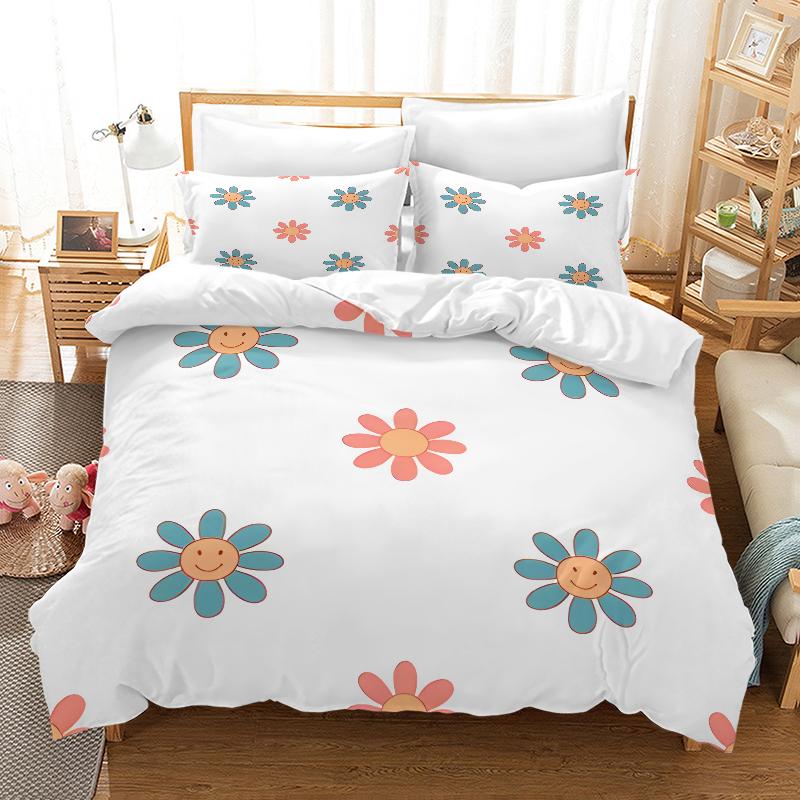 White Flowers Style - Digital Printed Duvet Set - Polyester - Bedroom Decor -1 Bed Cover +2 Pillowcases (no Pillow Core)
