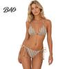 No Underwire Swimsuit 2Pcs/Set Bikini Set for Women, Knitted Hollow Fabric Halter Bra with Chest Pad Breathable Swimwear Steel Support, Lace-up