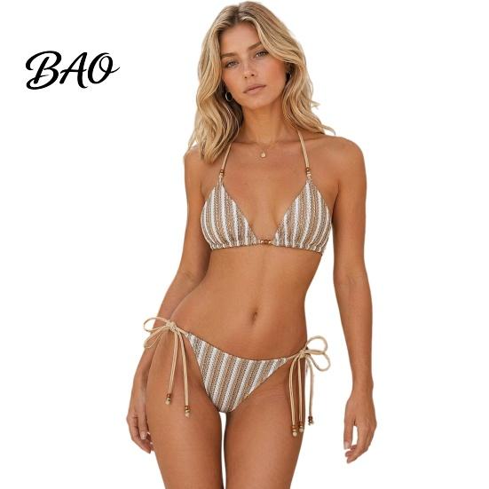 No Underwire Swimsuit 2Pcs/Set Bikini Set for Women, Knitted Hollow Fabric Halter Bra with Chest Pad Breathable Swimwear Steel Support, Lace-up