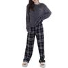 HuuMeNEIDOO Fluffy Top and Checked Long Loose and Perfect for Fall and Winter Women's Pajamas, 2-Piece Set, Fleece-Lined Pants, Comfortable, Fit,