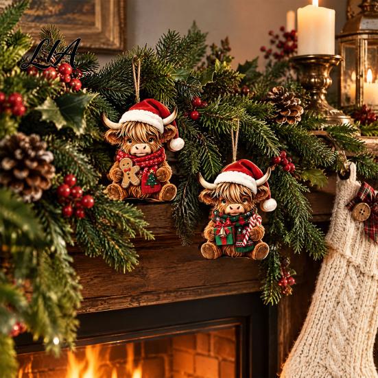 Healing Atmosphere Hanging Ornaments Highland Cow Christmas Ornament Set, 2D Flat Wooden Cute Farm Animal Holiday Decor with String, Tree Party