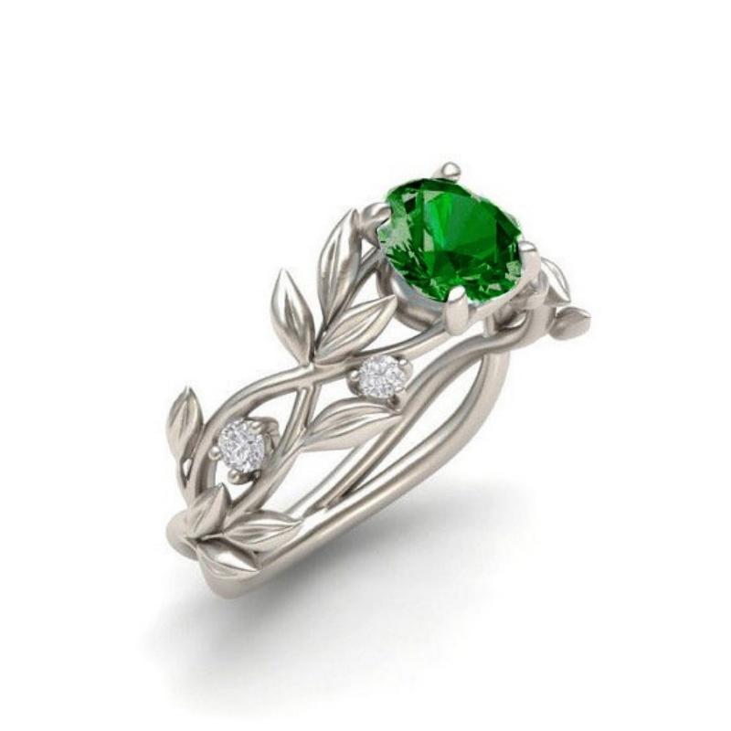 New Women's Silver Plated Olive Leaf Engagement Ring with Blue Pink Green Cubic Zirconia Wedding Band Jewelry
