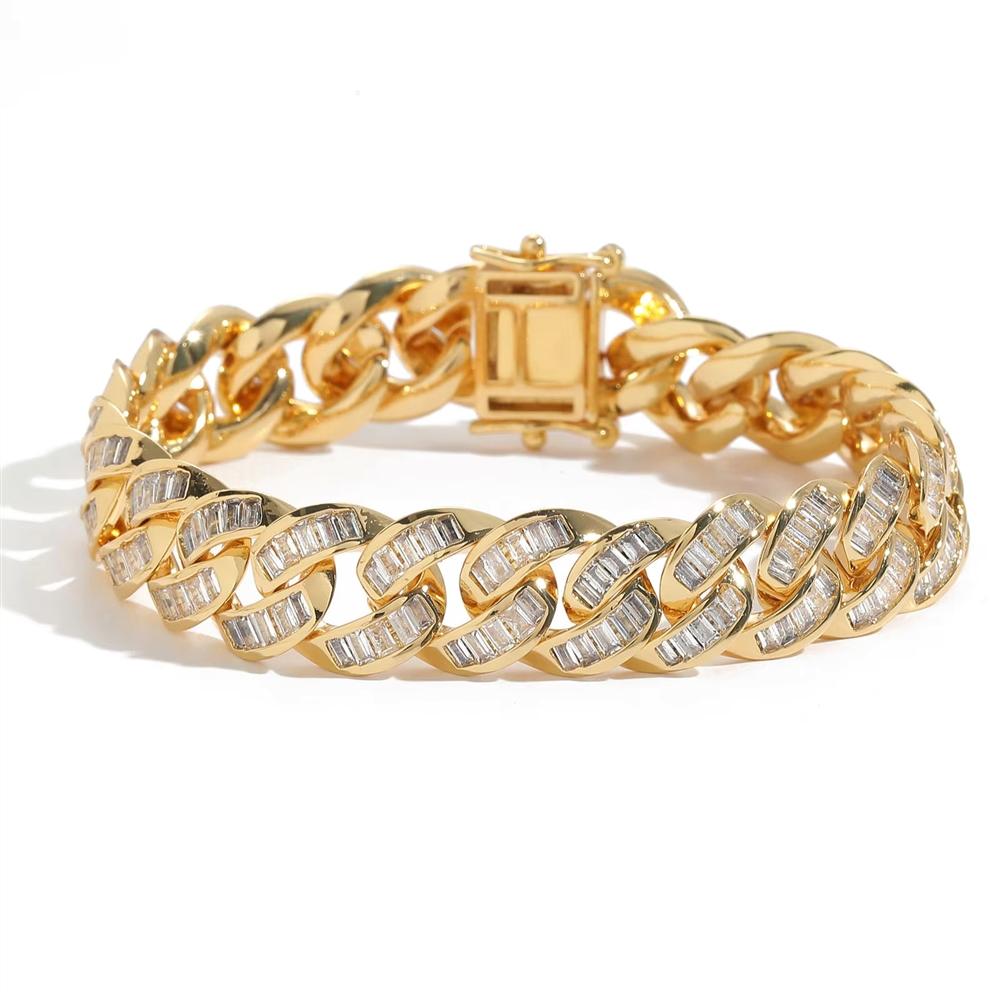 Personalized Hip Hop Real Gold Plated Jewelry 13mm Wide Iced Out Baguette CZ Cuban Link Chain Bracelet for Men