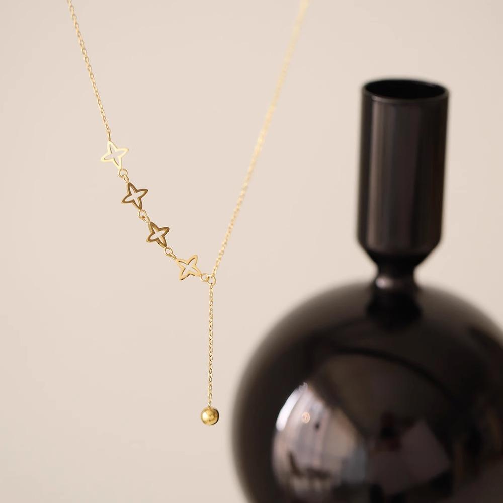 Stainless Steel 18k Gold Plated Waterproof Choker Chain Trendy Hollow Clover Y Shape Tassel Party Fashion Jewelry Necklaces