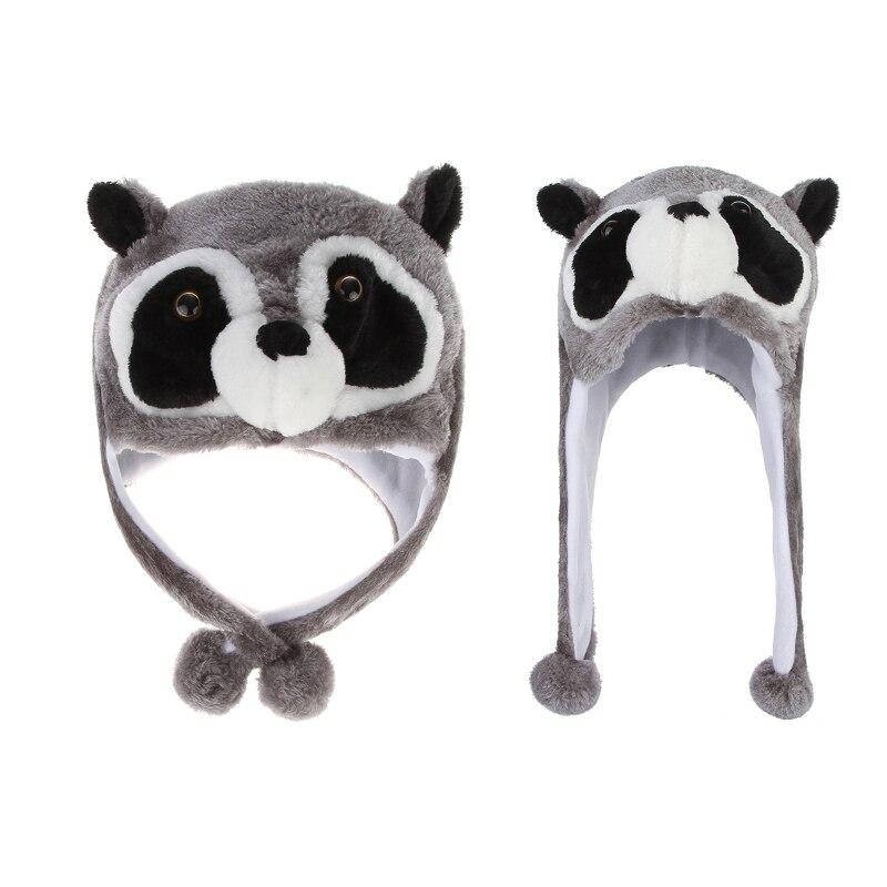 Новинка, зимняя унисекс, пушистая плюшевая шапка в виде енота с помпоном, длинные ремни, теплая шапка-ушанка для зимних лыж, костюм для косплея