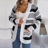 Women Autumn Winter Casual Contrast Stripe Pocket Long Sleeve Sweater Cardigan Coat