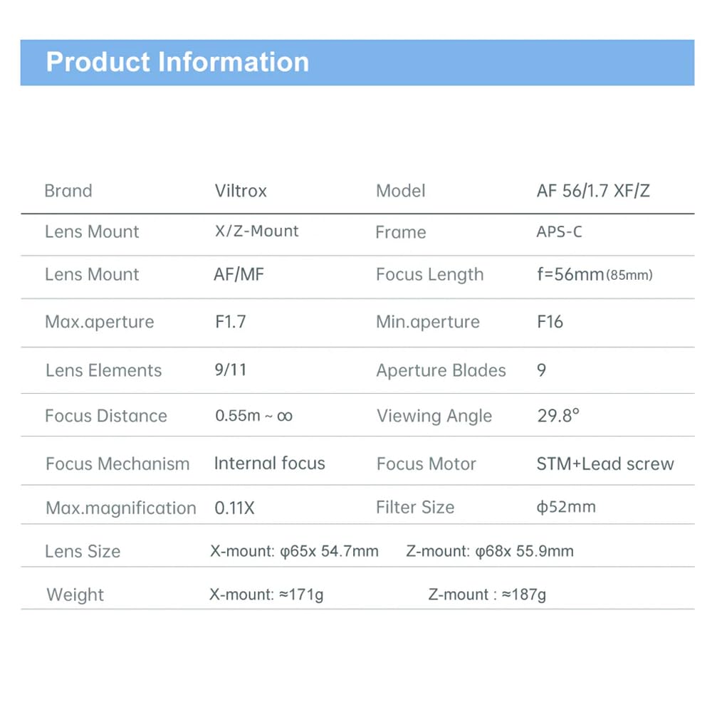 Viltrox 56mm AF Lens Replacement Lens for Fuji X Mount Compatible with F1.7 APS-C X-A5 X-A7 X-M1 X-M2 X-H1 X-T1 X-T10 X-T2 X-T20 X-T3