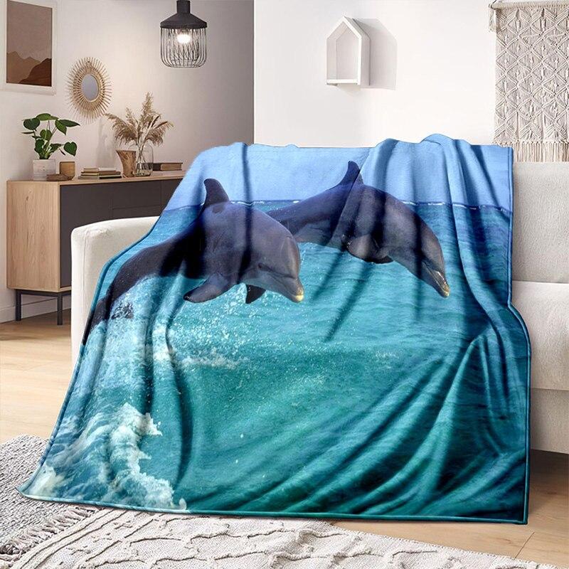 Underwater World Fish Dolphin Pattern Print Soft Flannel Blanket Sheet Sofa Office Air Conditioner Throw Blanket Gift