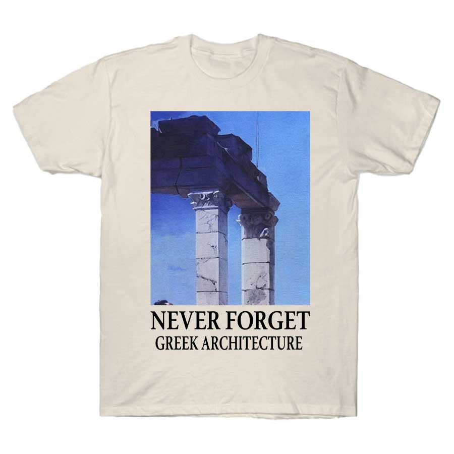 2026 New NEVER FORGET GREEK ARCHITECTURE Print Tshirt Short Sleeve Streetwear Mens and Womens Tshirt Mens Top