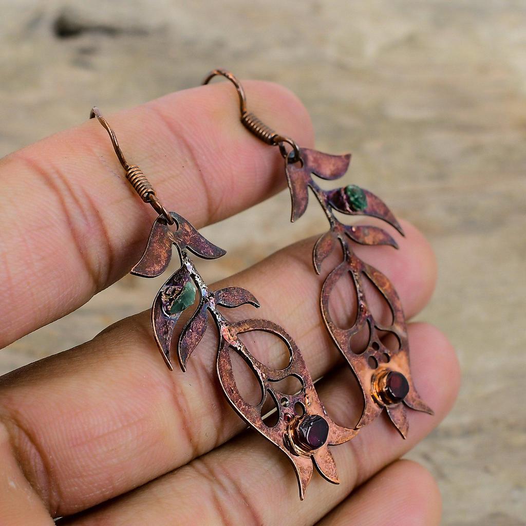 Pink & Green Tourmaline Rough Earring Electroformed Copper Earrings Handmade Dangle Earrings Engagement Gift Electroformed Gemstone Jewelry