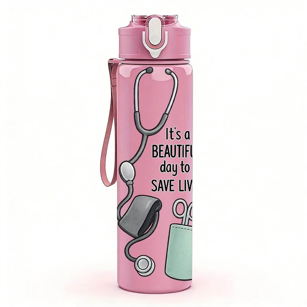 1PC Nurse Medical Stethoscope Quote 750ml Color Plastic Sports Water Bottle Leakproof Flip Straw Lid Suitable for Sports Office Home Use