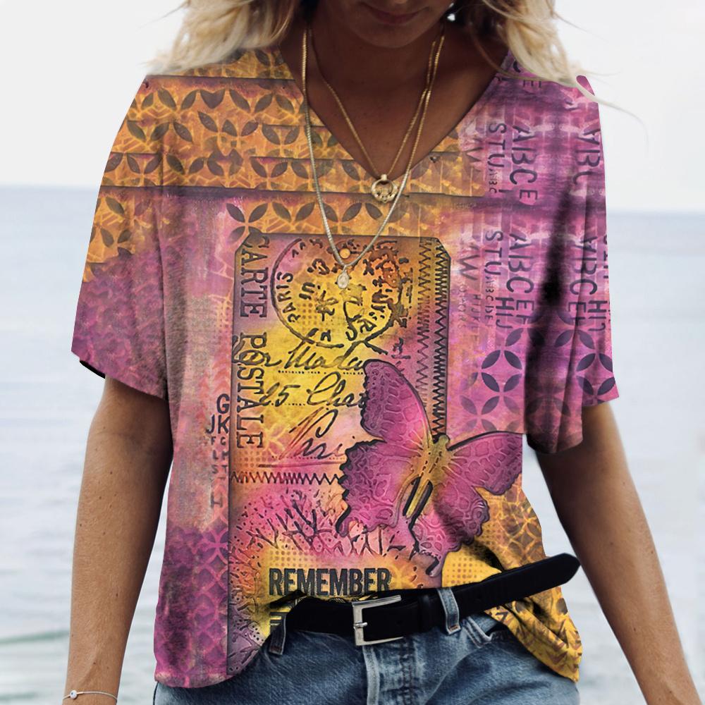 Summer Women's T-Shirt Vintage Casual Fashion V Neck Pullover Short Sleeve Butterfly Print Loose Daily Tops Design Clothing
