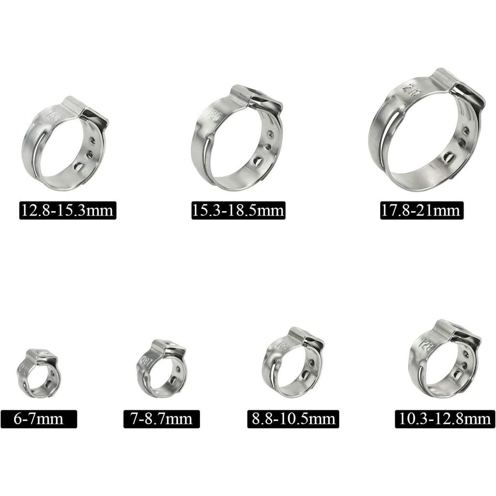 128Pcs Single Ear Stepless Clamp Set Hose Clamp Clamp 304 Stainless Steel Single Ear Pipe Clamp PEX Pipe Clamp