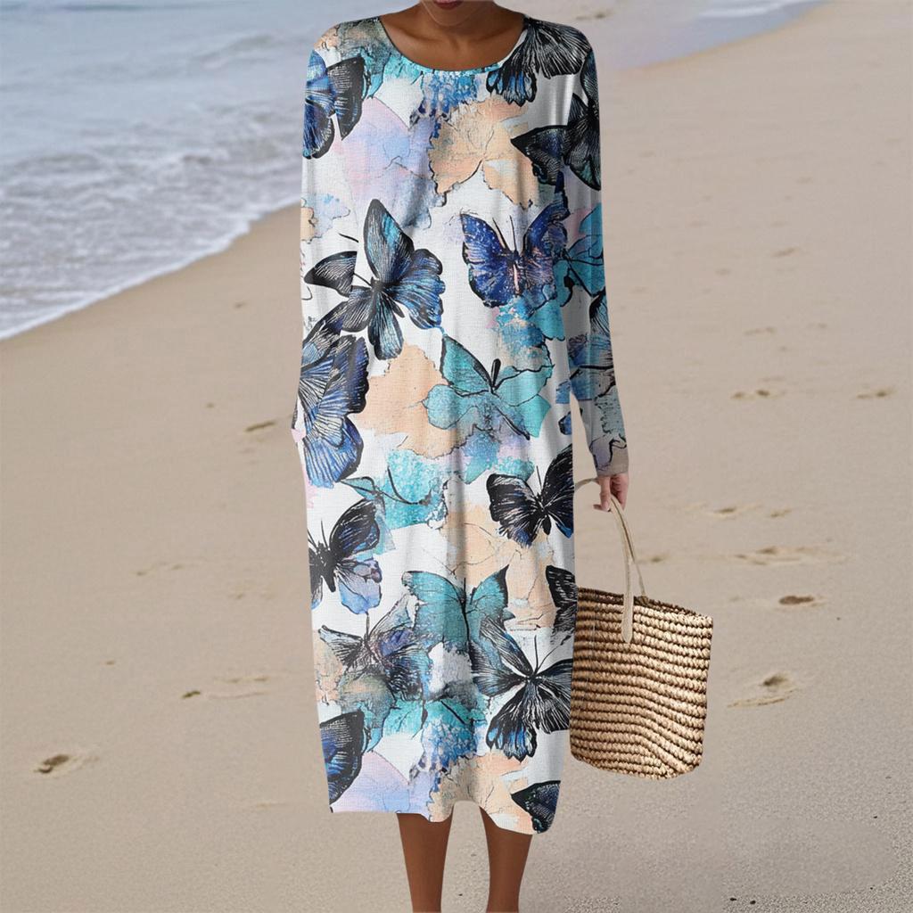 Women's Fashion Casual Long Sleeve Floral Print Round Neck Pocket Elegant Temperament Dress