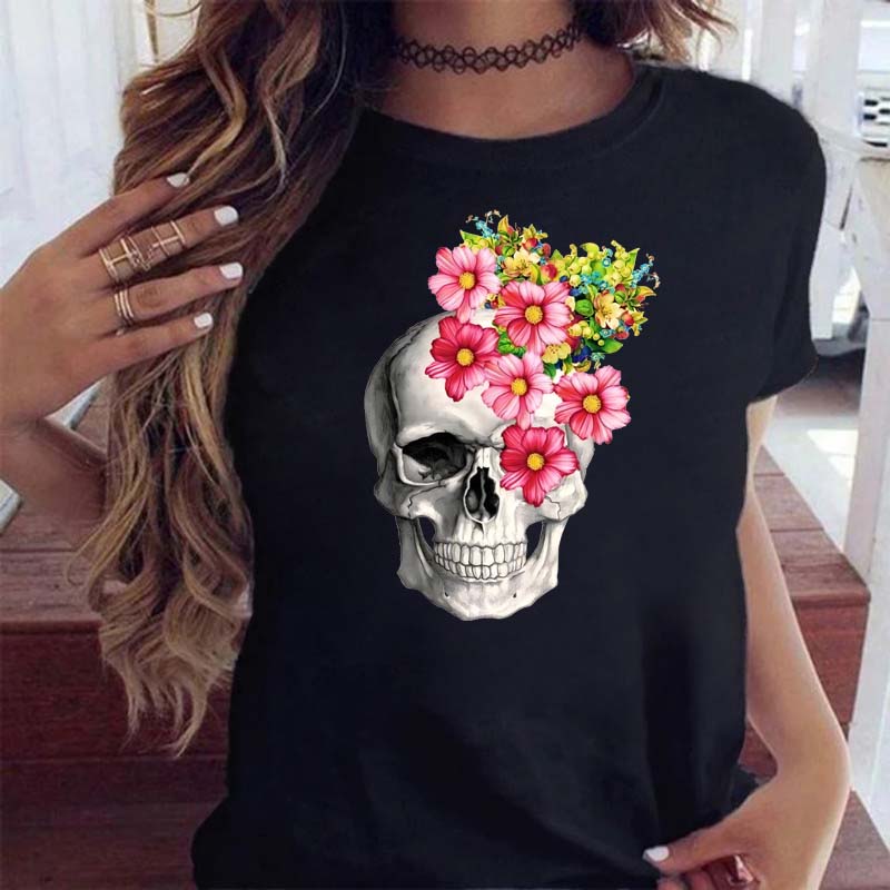 Maycaur Fashion Skull Flower Print Женская футболка Летняя повседневная женская футболка с коротким рукавом и круглым вырезом в стиле 90-х годов, женская футболка, топы