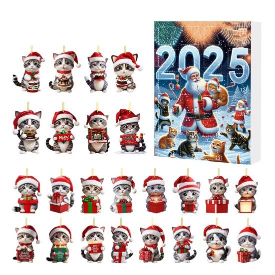 Cat Advent Calendars 2025 2D Acrylic Cute Cat Ornaments 24 Days Christmas Countdown Calendar Holiday Tree Hanging Decoration for Cat Lovers