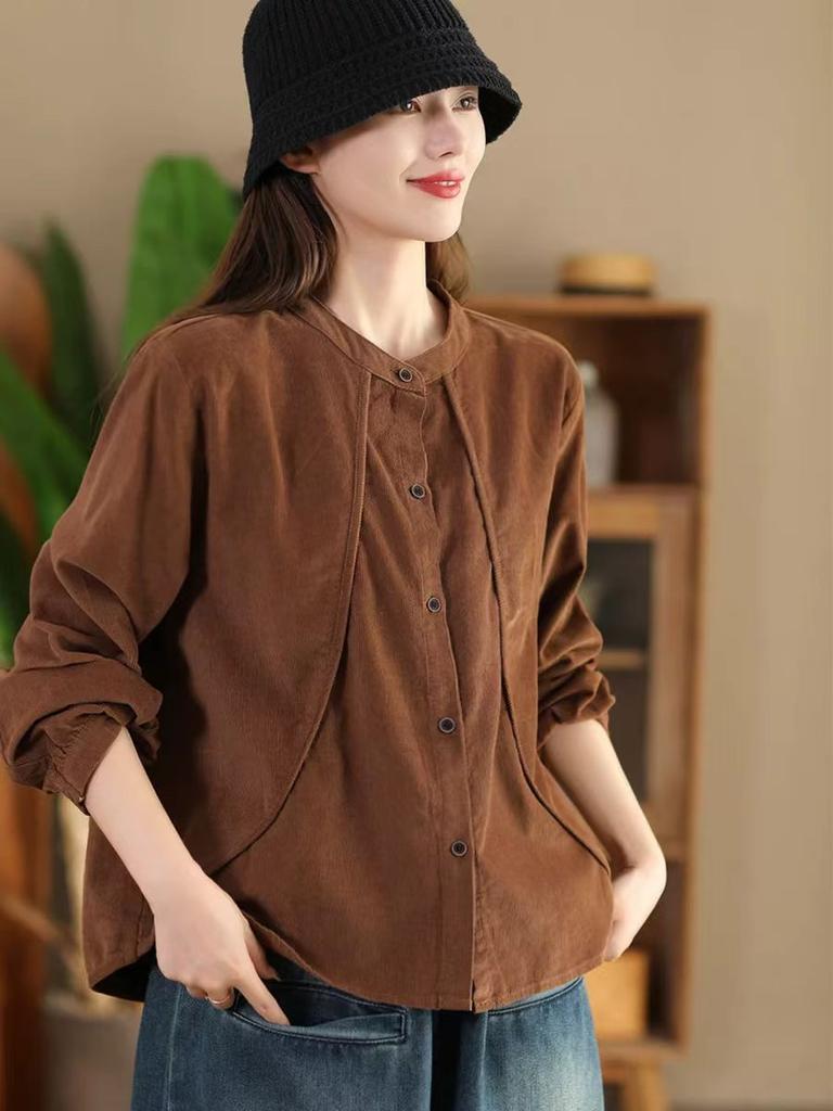 Johnature Woman Autumn Chinese Style Vintage Splicing Turn Down Collar Shirt Long Sleeves Solid Color Corduroy Shirt